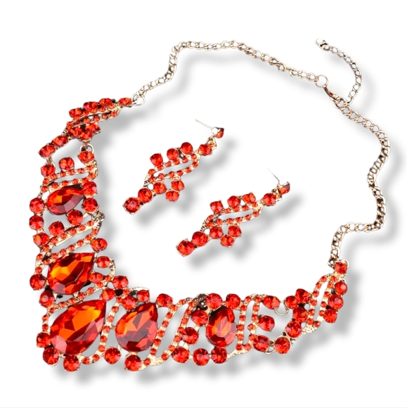 18K gold plated red and white crystal Necklace earrings set - Picture 4 of 12